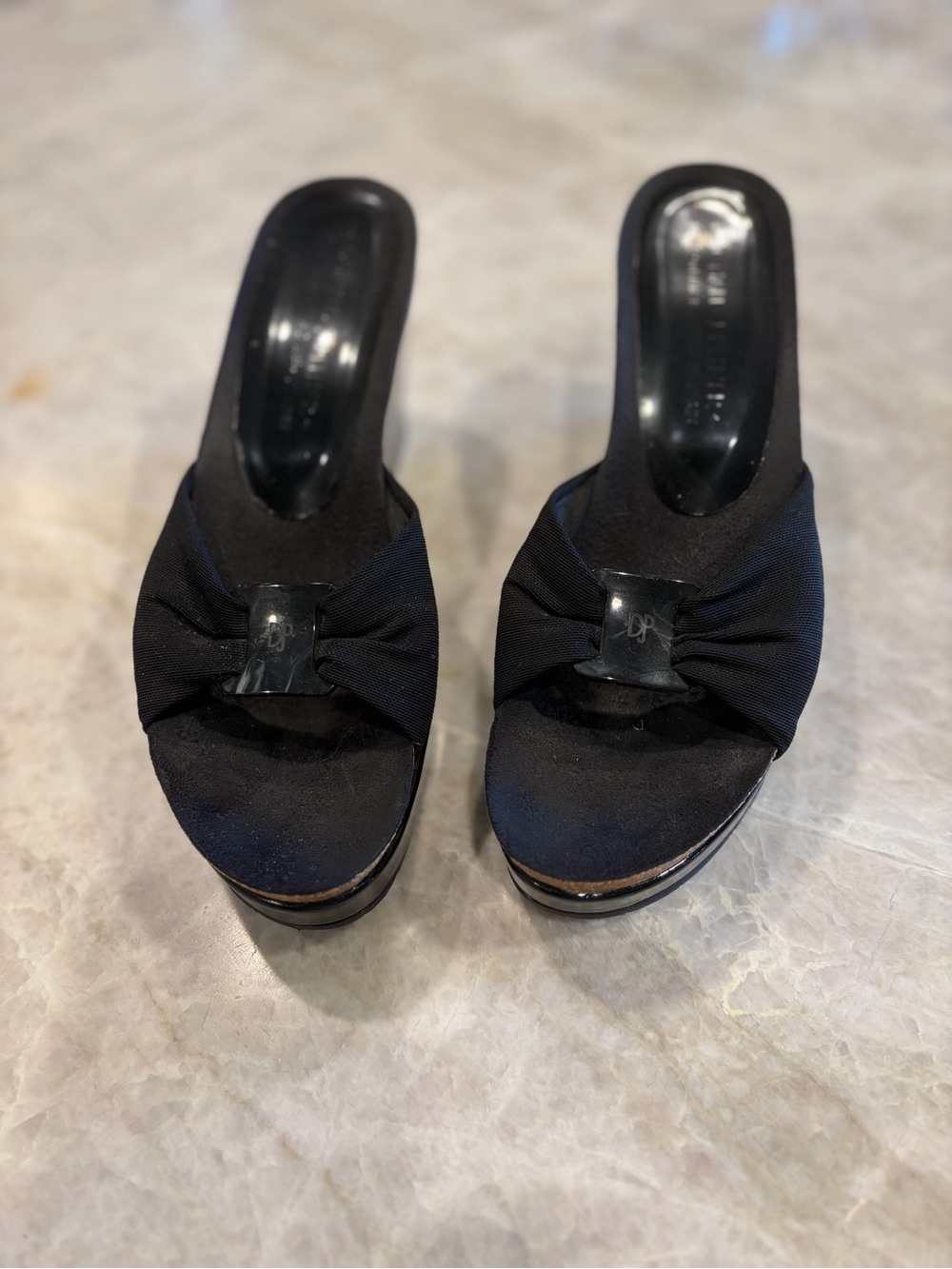 Donald J. Pliner Black Patent Leather & Cork Slide Wedges